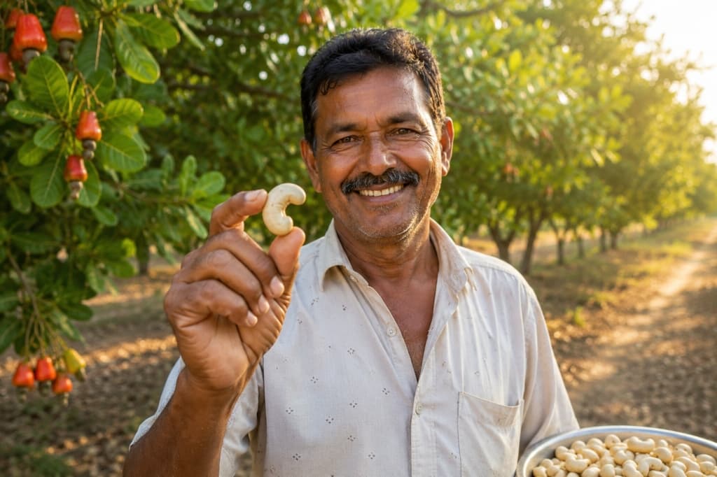 Farmer holding premium cashew